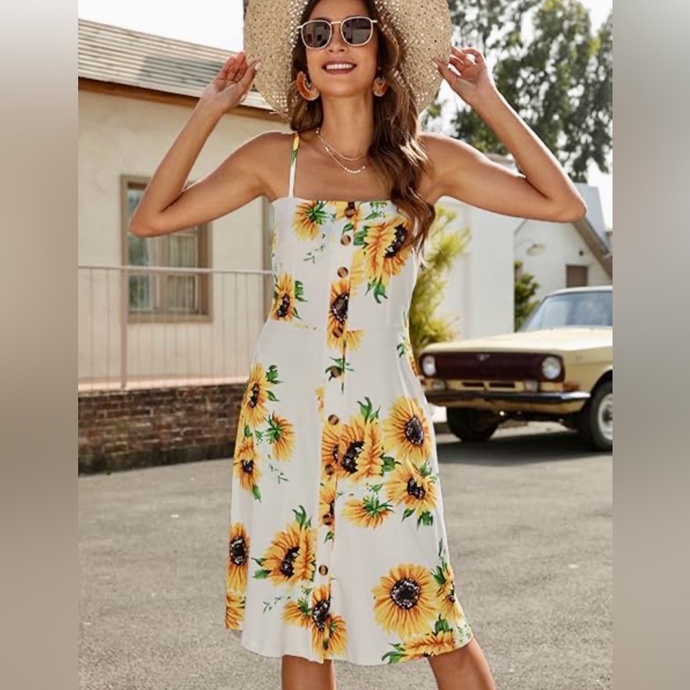 Dress Fo White Floral Lightweight Dress Spaghetti Straps Front Buttons Side Zip
